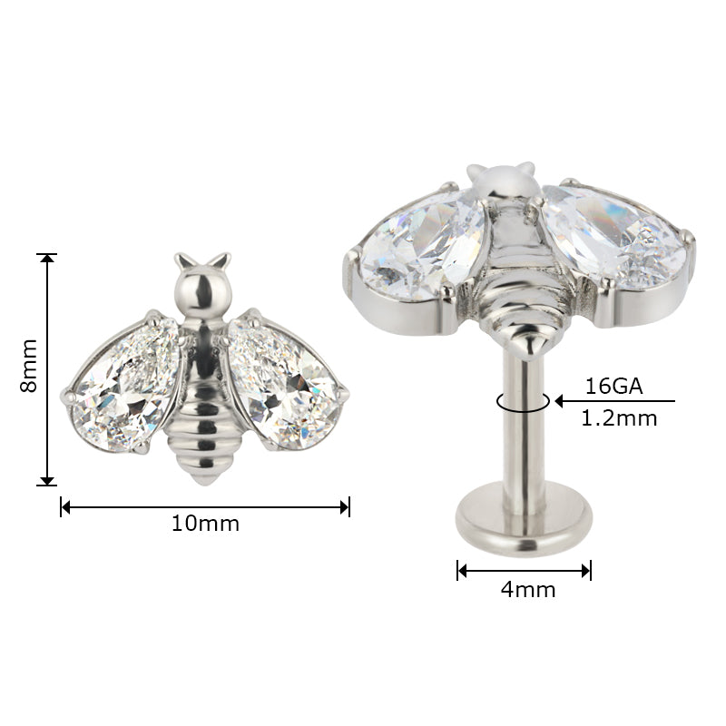 Titanium Bee With Bezel Set CZ Wings Internally Threaded Top