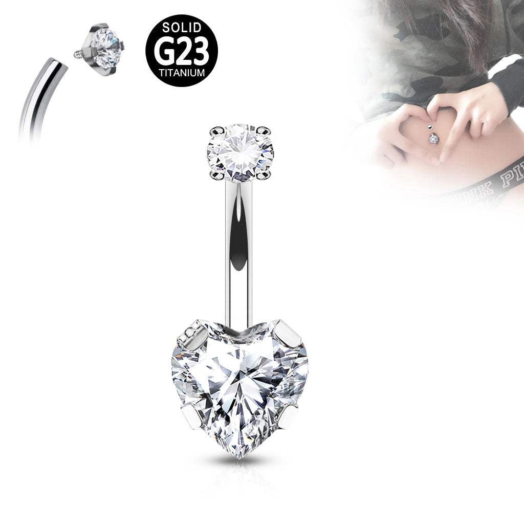 G23 Titanium Internal Thread Heart CZ Prong Set Belly Button Navel Rings